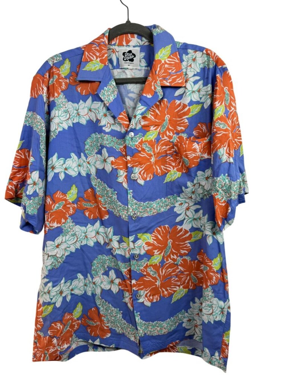 Vintage Hilo Hattie Hawaiian Shirt size Medium Blue Orange Floral Short Sleeve B
